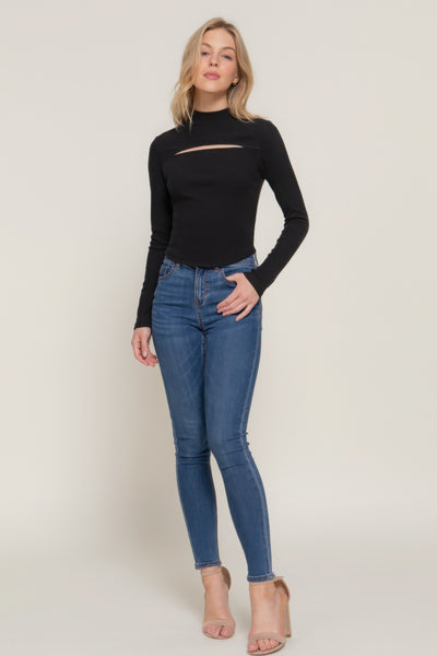 Long slv mock neck kyehole rib knit top