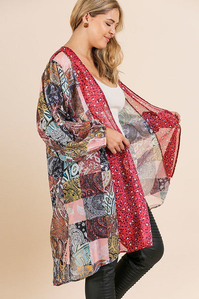 Samantha Sheer Animal Scarf Mixed Print Long Puff Sleeve Open Front Long Kimono