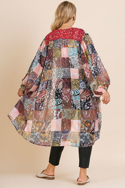 Samantha Sheer Animal Scarf Mixed Print Long Puff Sleeve Open Front Long Kimono