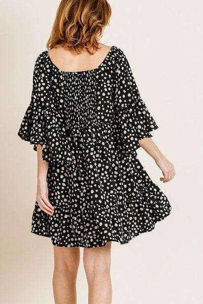 Dalmatian Black Print Ruffle Bell Sleeve Sweetheart Neckline Dress