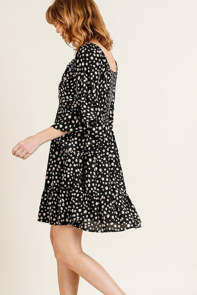 Dalmatian Black Print Ruffle Bell Sleeve Sweetheart Neckline Dress