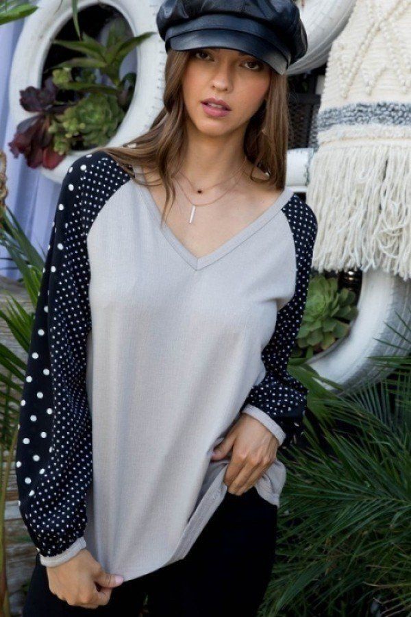 Molly Contrast Woven Dot Print Long Sleeve Knit Top
