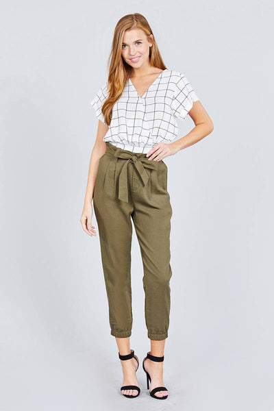 Lyla Paperbag W/bow Tie Elastic Hem Long Linen Pants
