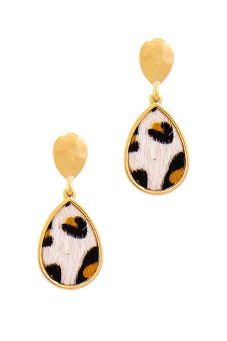 Leopard Print Fur Tear Drop Earring (In White and Brown)
