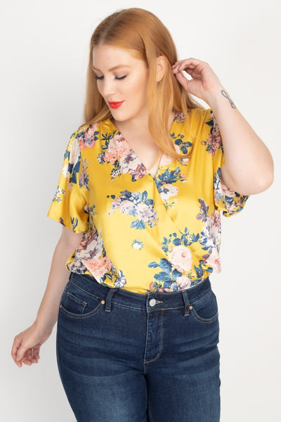 Happy Days Floral Print Front Warp Bodysuit ( In Ivory and Yellow)