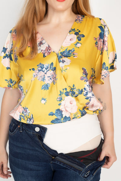Happy Days Floral Print Front Warp Bodysuit ( In Ivory and Yellow)