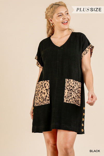 Emily Black Short Sleeve Shift Dress With Leopard Print Pockets