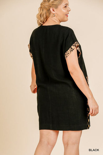 Emily Black Short Sleeve Shift Dress With Leopard Print Pockets