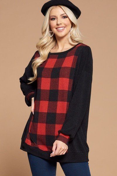 Plus Size Buffalo Plaid Check Contrast Pullover Tunic Top