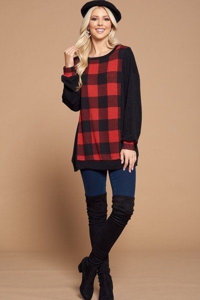 Plus Size Buffalo Plaid Check Contrast Pullover Tunic Top