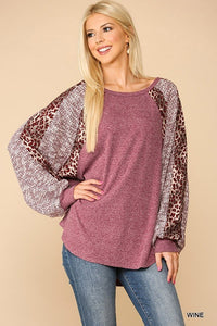 Textured Knit And Animal Print Mixed Dolman Sleeve Top