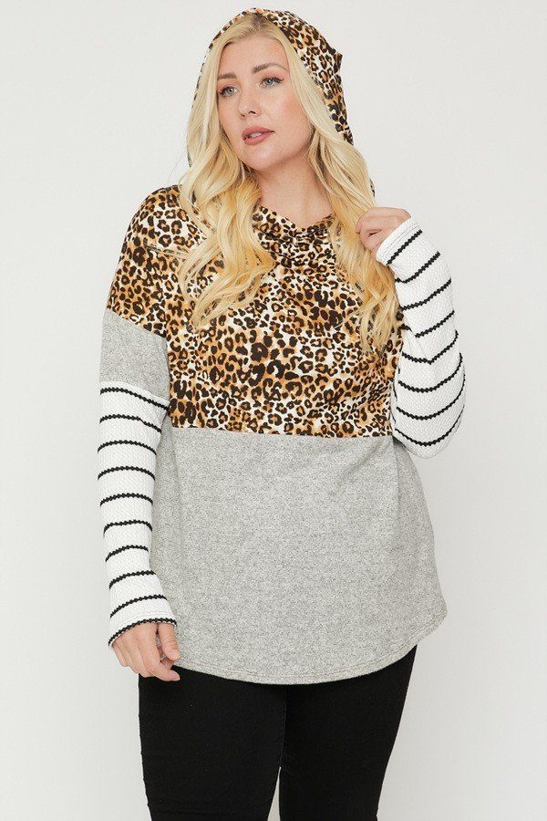 Plus Size Color Block Hoodie Featuring A Cheetah Print