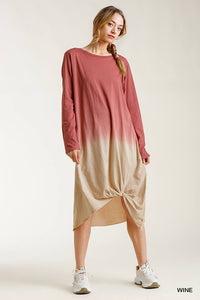 Ombre Front Knot Detail Long Sleeve Maxi Dress With Raw Hem