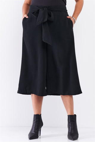 Plus Black Self-tie High Waist Detail Wide Leg Midi Length Pants