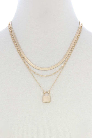 Lock Charm Flat Snake Chain Layer Necklace