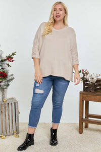 Solid Round Neck 3/4 Sleeve Sweater Top