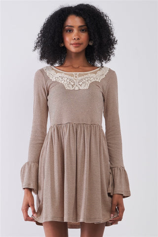 Taupe Horizontal Stripped Embroidery Detail Long Sleeve With Flare Hem Mini Dress