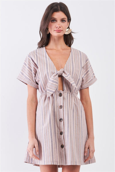 So 90s! Striped Self-tie Front Detail Short Sleeve Button Down Mini Shirt Dress