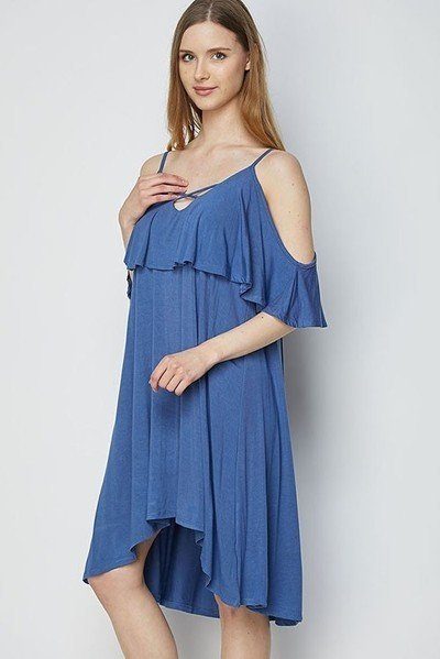 Solid Strappy Detail Cold Shoulder Ruffle Dress