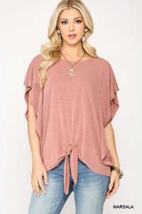 Leopard Jacquard Knit Jersey Top With Front Tie, Ruffled Sleeve