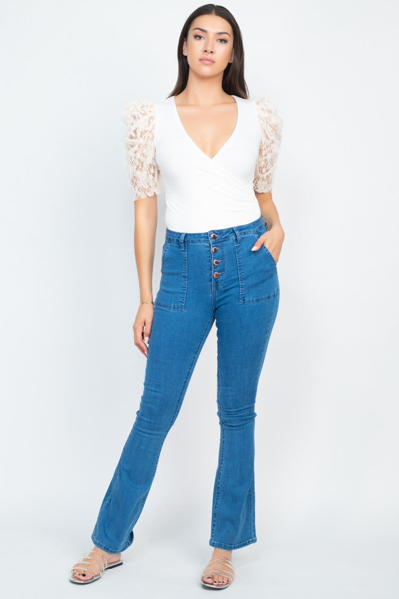 Lace-trim Puff Sleeves Bodysuit