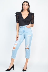 Lace-trim Puff Sleeves Bodysuit