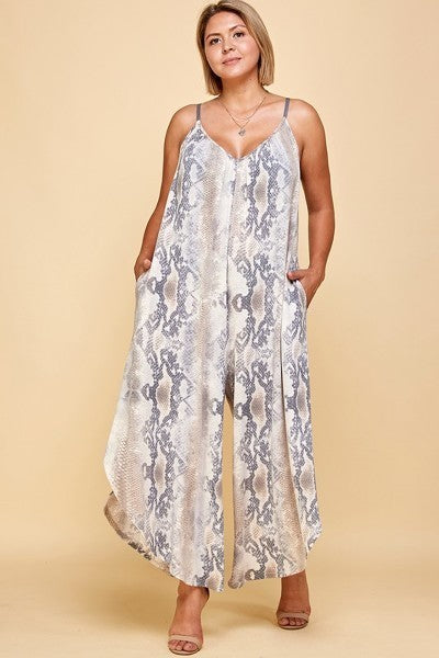 Plus Size Snakeskin Terry Printed Wide Leg Jumpsuit