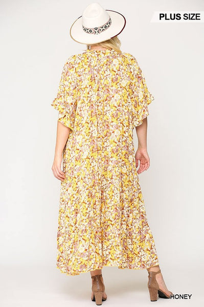 Floral Frill Detail Flowy Maxi Dress With Neck Tie
