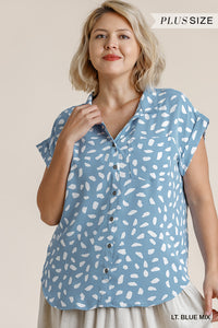 V-neck Dalmatian Print Button Front Top With Pocket Detail