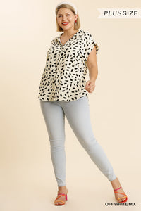 V-neck Dalmatian Print Button Front Top With Pocket Detail