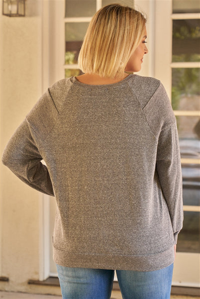 Plus Heather Grey Round Neck Long Sleeve Geometric Stitch Detail Relaxed Fit Sweatshirt
